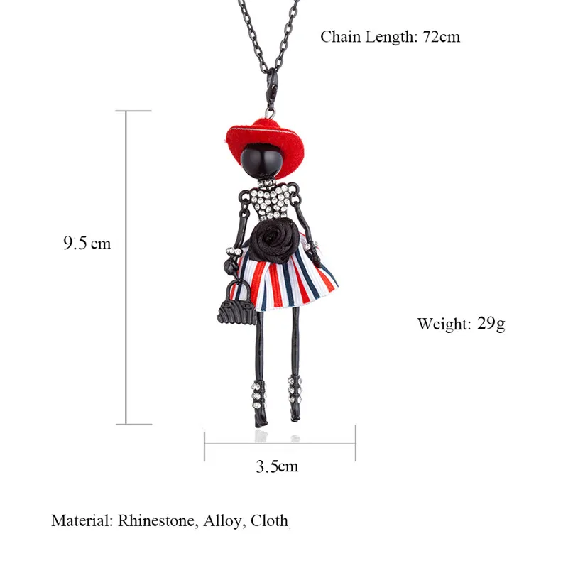 Korean New Women\'s Sweater Chain Necklace Red Black Pink Cartoon Doll Pendant Beads Link Necklaces For Women Christmas Gift