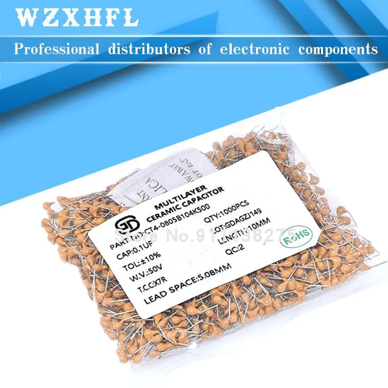 

1000PCS Multilayer ceramic capacitor 104 100NF 100N 0.1uF 50V P=5.08mm Monolithic ceramic capacitor