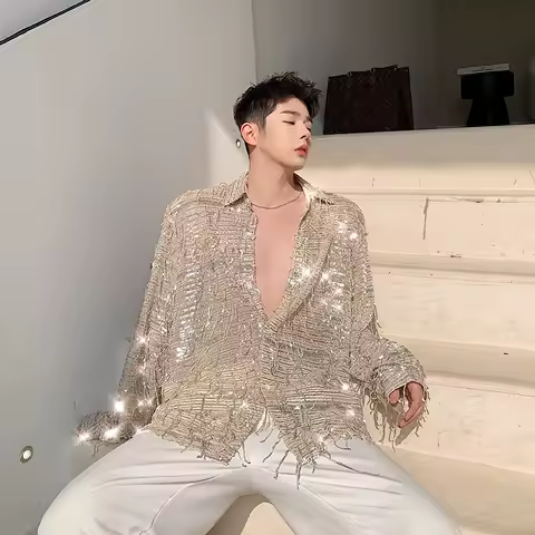 Summer shiny sequined shirts mens fashion bling tassel long sleeve shirt nightclub DJ singer stage costume oversized blouse