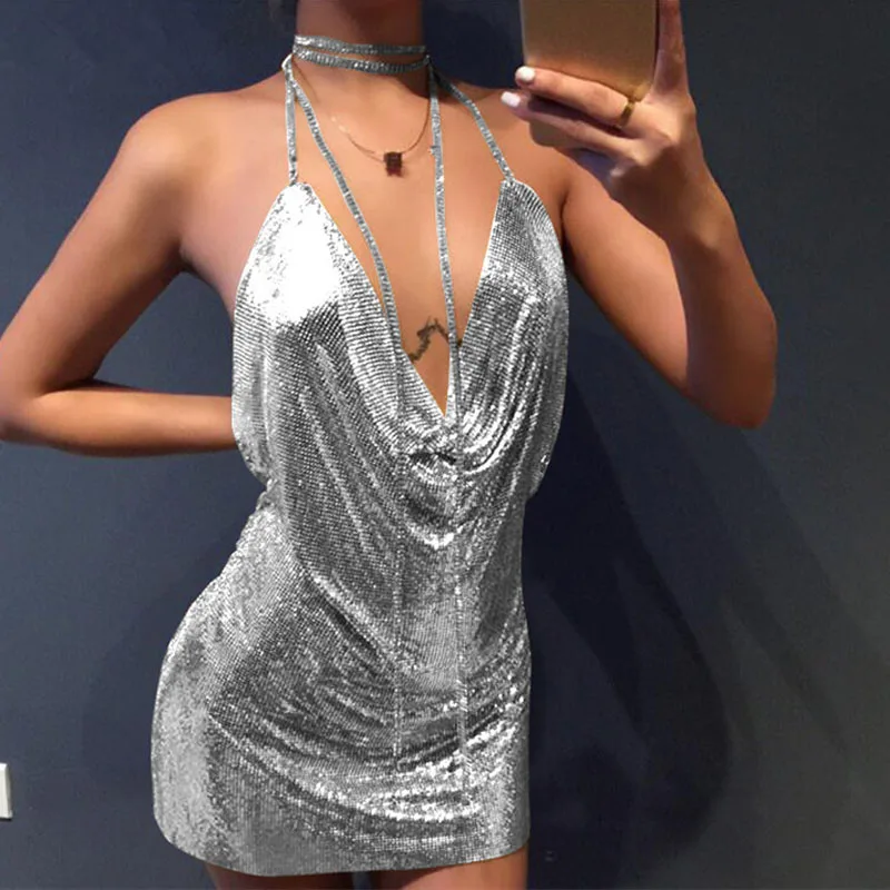 Diamond Halter Metal Party Dresses 2024 Sexy Gold Silver Summer Dress  Vesitos Backless Sequins Women Dress Dropshipping - AliExpress 200000345