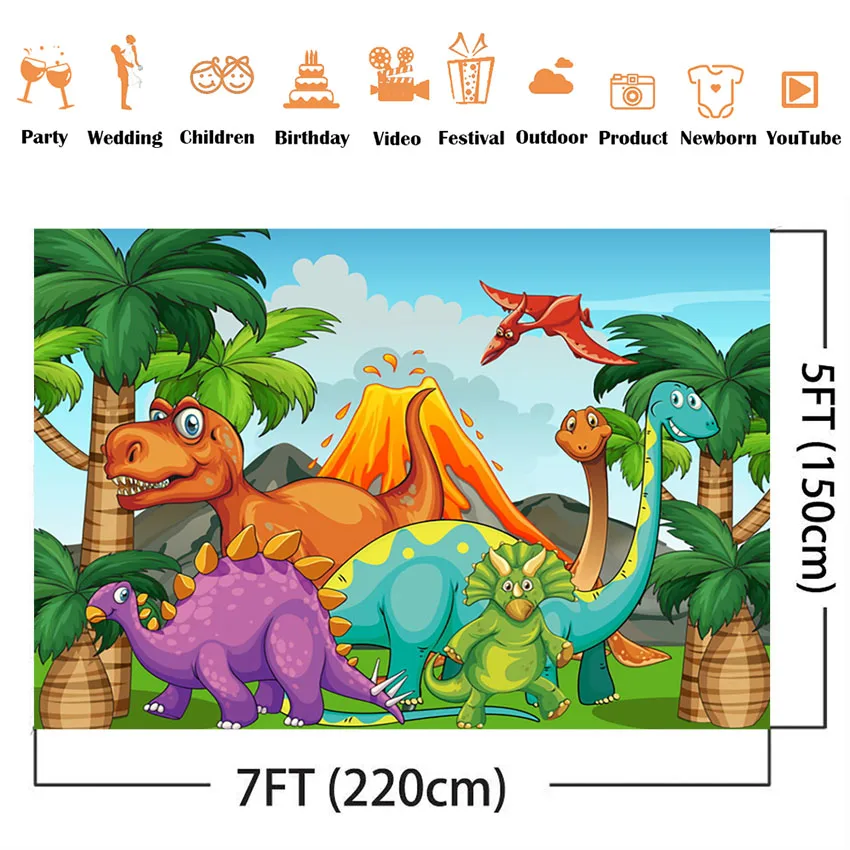 Pano de fundo para festa de aniversário infantil, decoração de desenhos animados, dinossauro, floresta, nuvens, céu, chá de bebê, fundo de fotos, estúdio personalizado