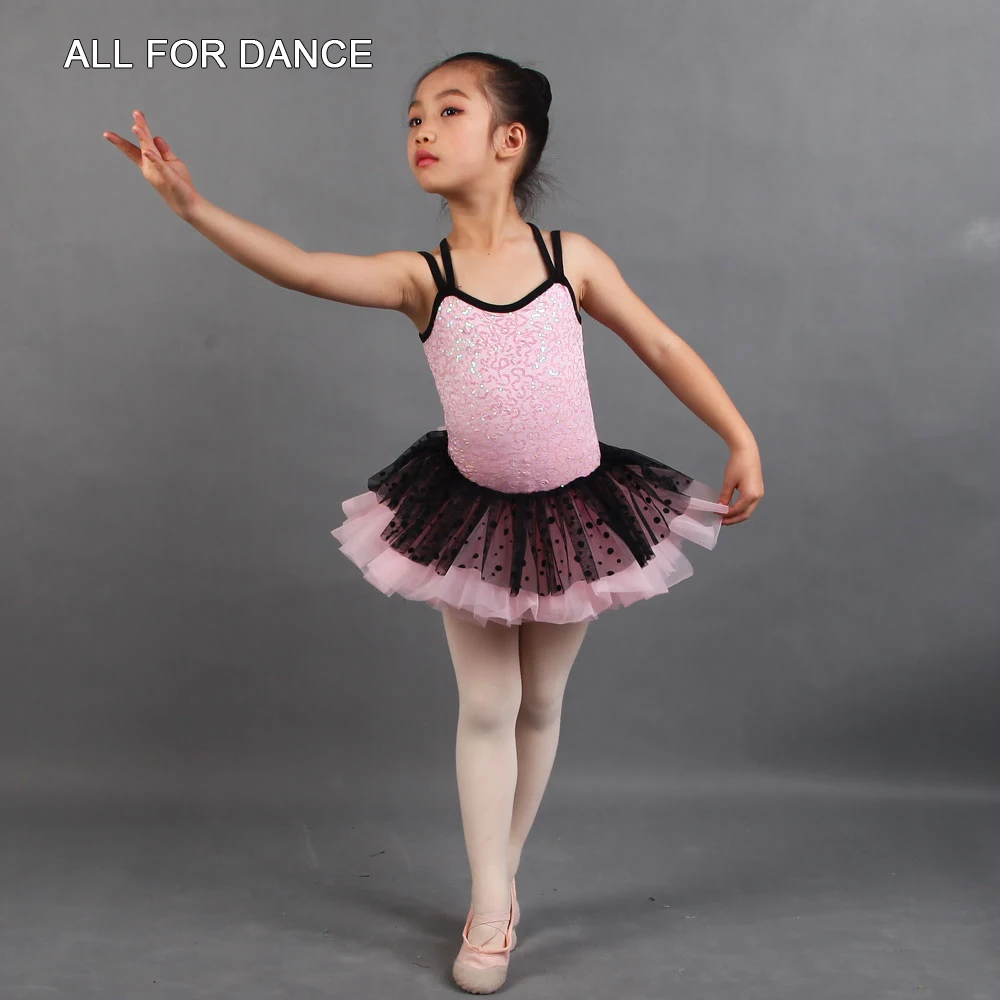 17046 novo em meninas rosa lantejoulas elastano ballet desempenho dancewear com tule preto ballet dança tutu saia crianças vestidos de dança