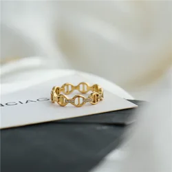 YUN RUO 2024 Colorless Stainless Steel Hollow Out Micro Zirconia Crystal Golden Colour Finger Rings For Girls Woman