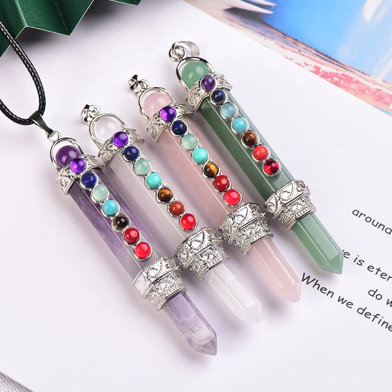 1PC Natural Stone Pencil Point Pendulum for dowsing 7 Chakra Wand Reiki quartz crystal pendant pendulo Meditation Spiritual Gift