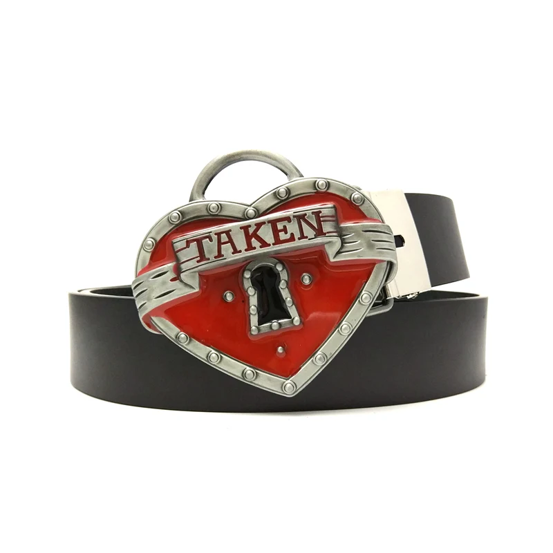 Cowgirl Belts for Women Black PU Leather Belt with Red Heart-shaped Padlock Taken Metal Belt Buckle Punk Cool Girl For Jeans