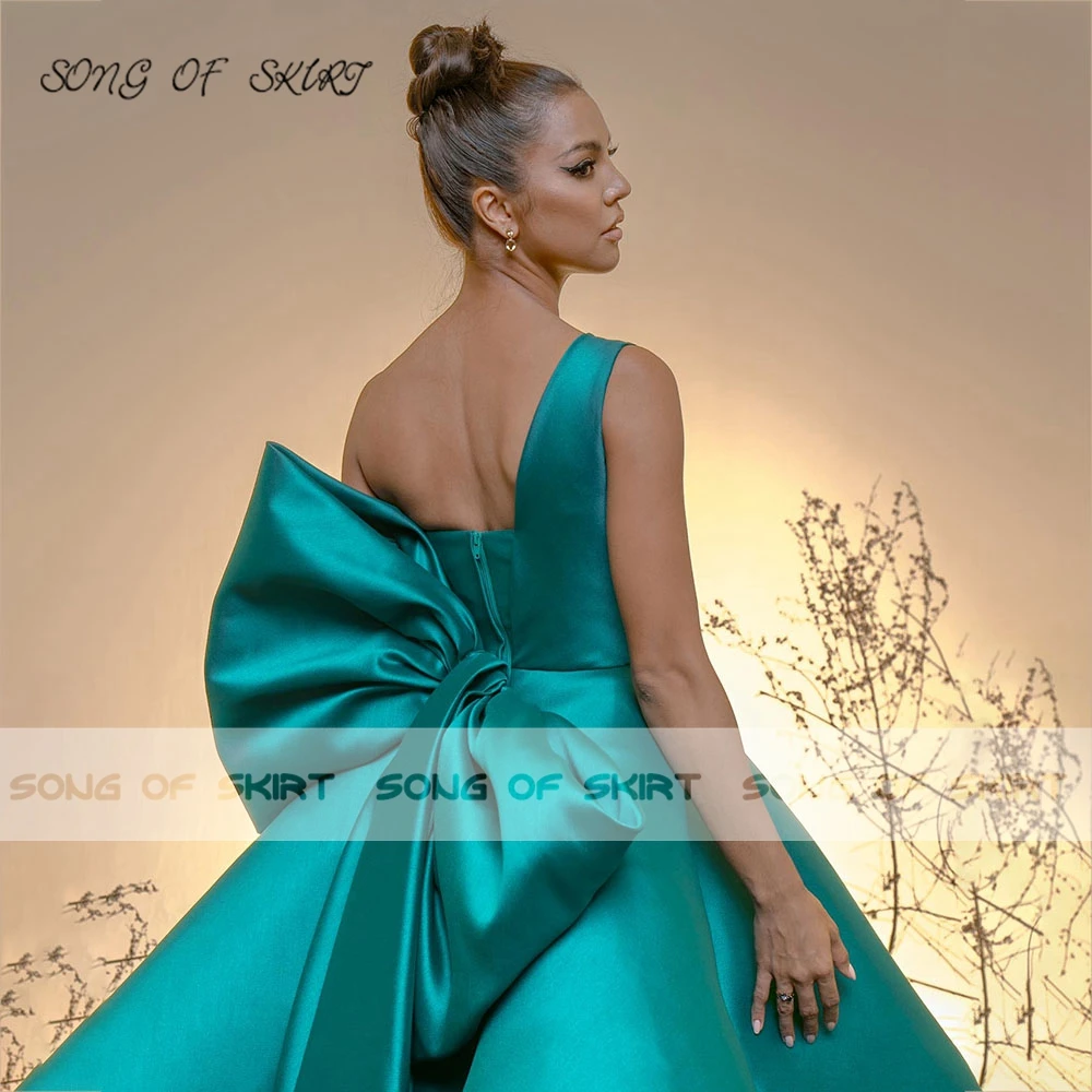 Simplicity Green Tea Length Festival Prom Dresses One Shoulder Bow A-line Women Evening Party Gown Robe De Soirée Femme