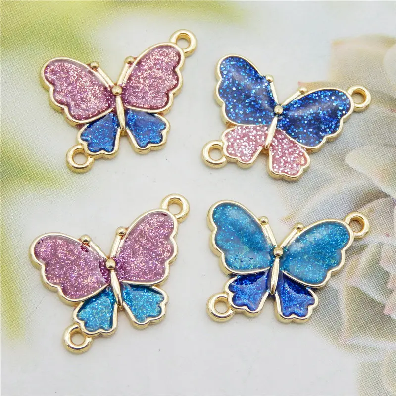 Julie Wang 4PCS Enamel Butterfly Charms Mixed Colors Alloy Bicolor Sequined Insect Connector Pendant Jewelry Making Accessory