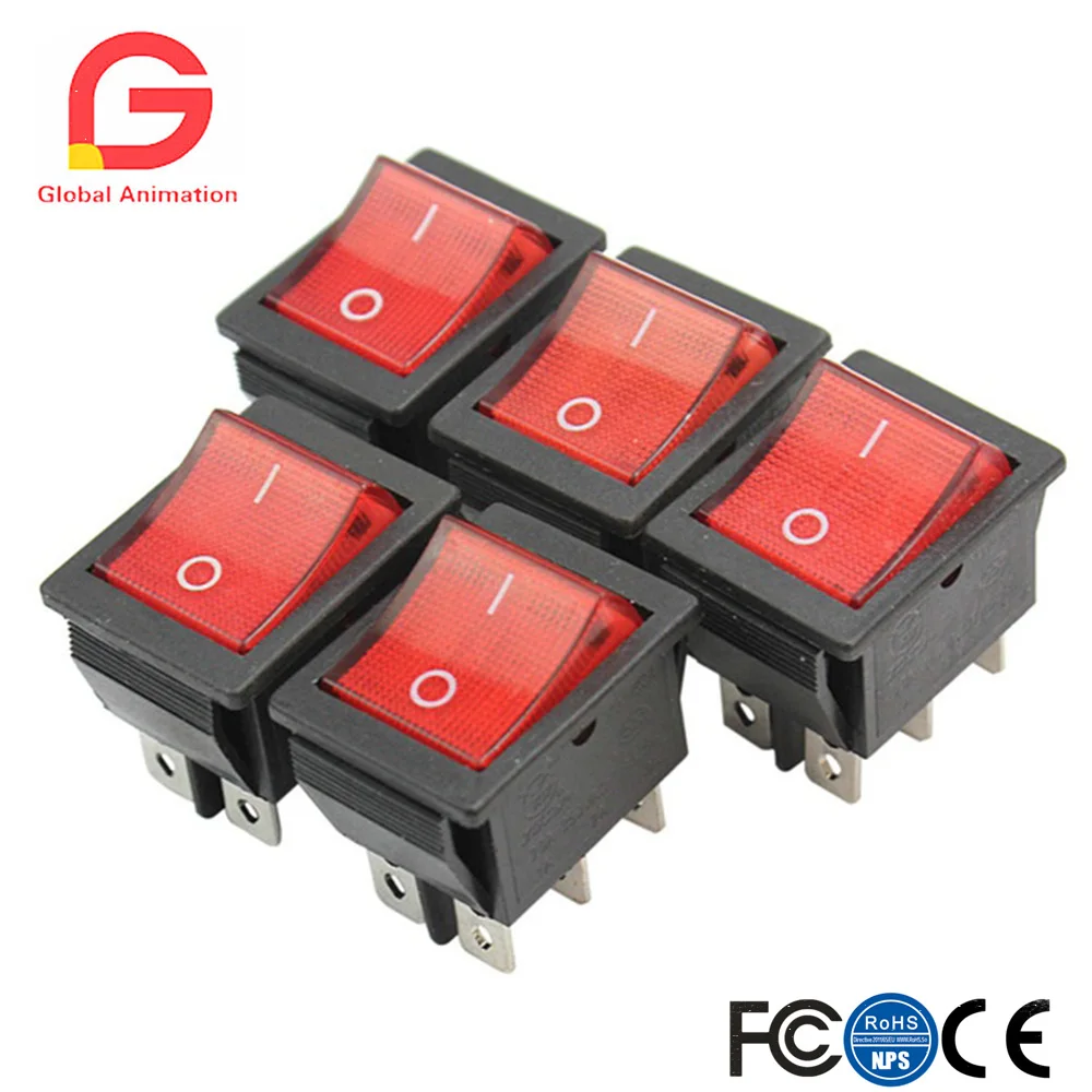 Plastic Press Button On-Off Square Rocker Switches, Toggles, AC 250V, 20A, 5Pcs