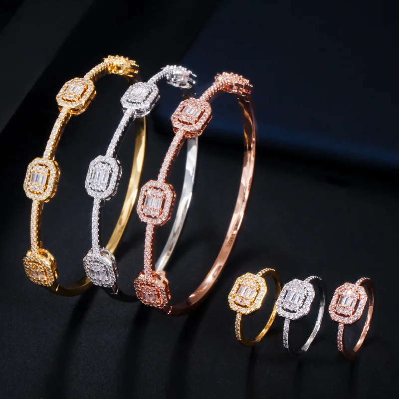 CWWZircons Stackable Square Cubic Zirconia 585 Rose Gold Color Cuff Bangle Braclet Ring Set for Women Fashion Brand Jewelry T100