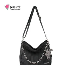 Flower Princess Interlude Women's Bag 2024 New Spring Pleated Chain Black Fashion Shoulder Crossbody Cloth Female Bags Handbag