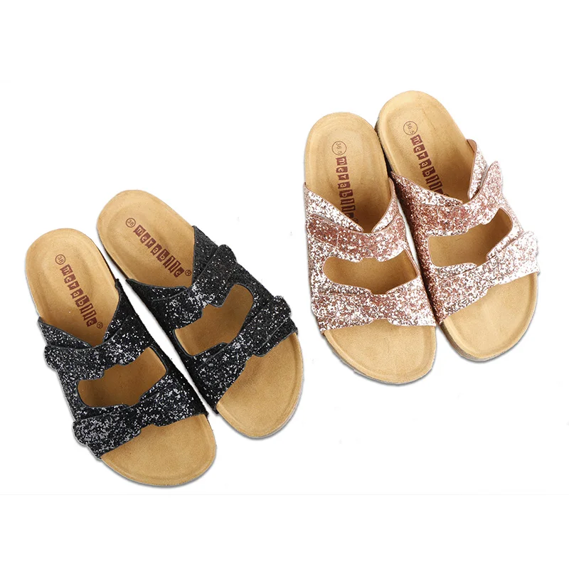 Kids Slippers Mother Family Shoes Metallic Gilltter Slides Corks Flats with Sandals