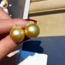 Fine Jewelry Pure 18 K Yellow Gold Natural Golden Ocean 10-9mm Round Pearl Earrings for Women Fine Pearl Earrings