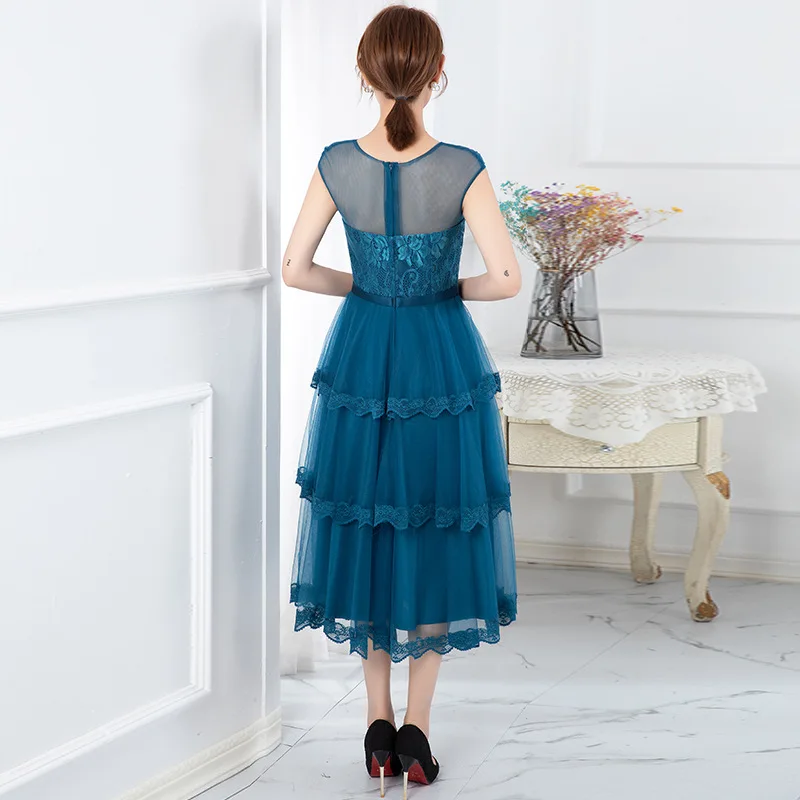 Robe de soirée bleu marine, robe de gâteau, sans manches en dentelle, robe de demoiselle d'honneur, robes de soirée de banquet, nouvelle mode été automne 2021