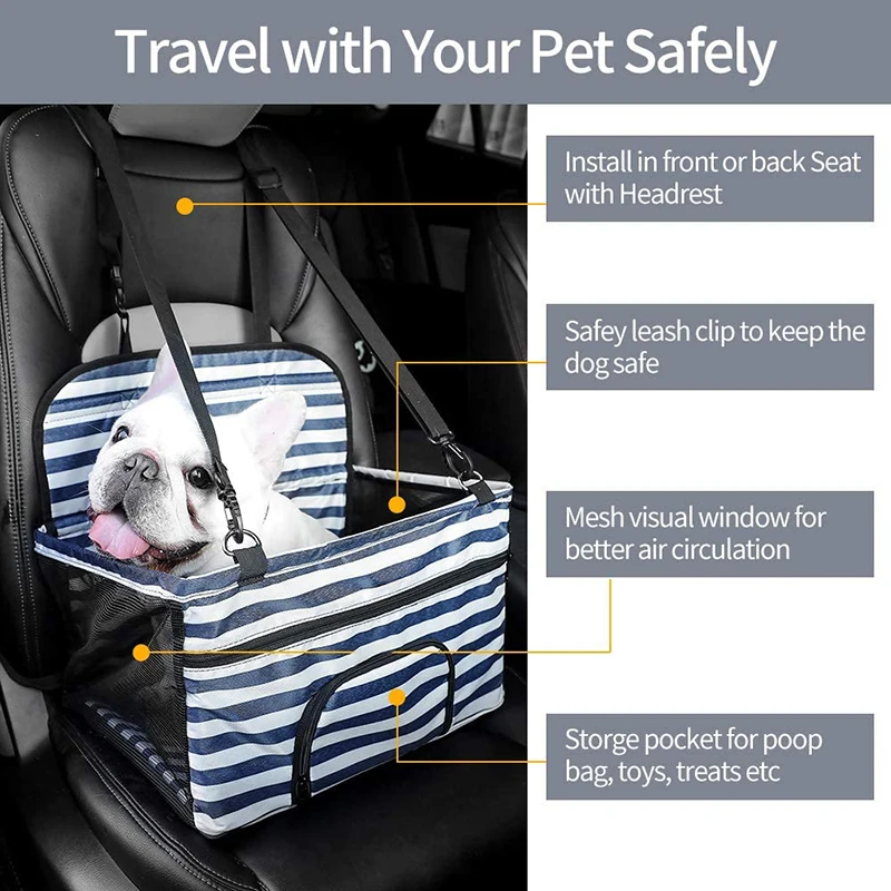 Benepaw Fashion Striped Dog Car Seat Waterproof Foldable Front Pocket Safety Leash Booster Seat For Small Dogs Puppy Travel