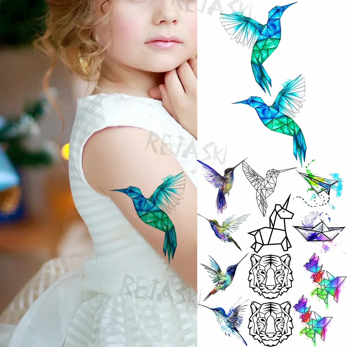 Small Watercolor Bird Temporary Tattoos For Kids Women Hummingbird Unicorn Tiger Realistic Fake Tattoo DIY Body Art Tatoos Decal