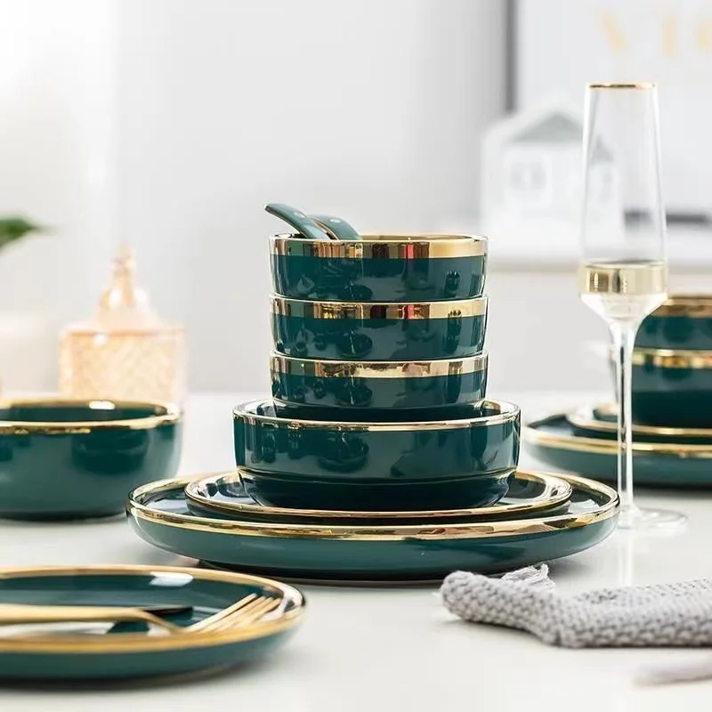 Gilt Rim Green Ceramic Plate Steak Food Plate Tableware Bowl Ins Dinner Dish High End Porcelain Dinnerware Set For Family Hotel