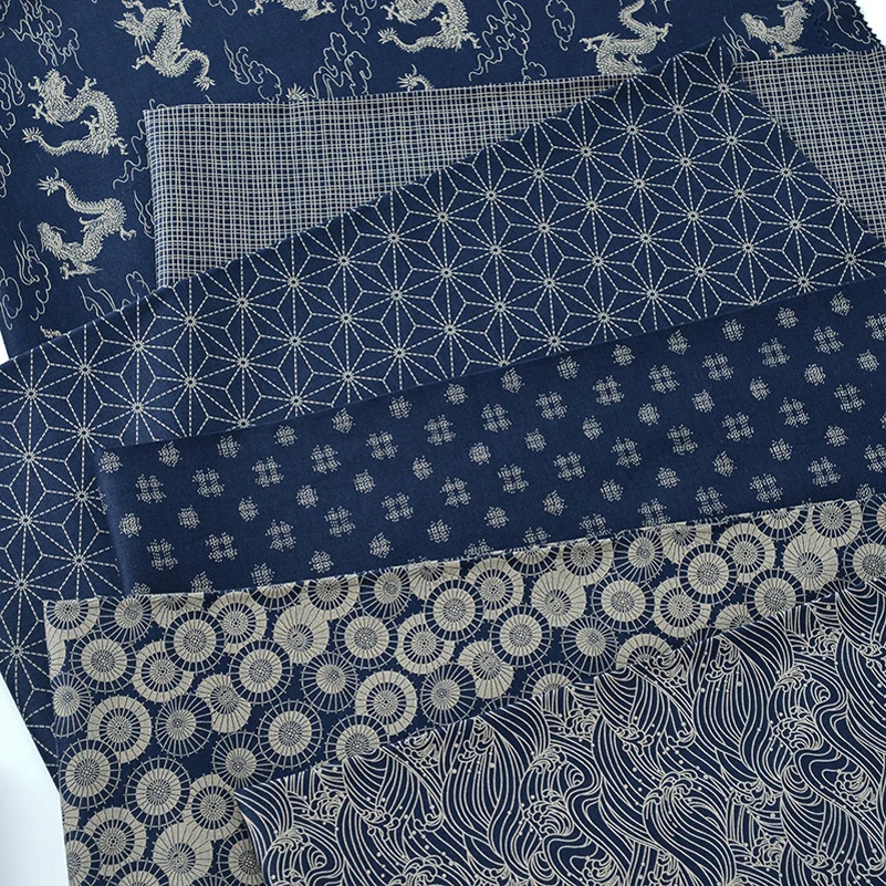 Navy Pure Cotton Fabrics Tea Art Japanese Materials Handmade Clothing Geometry Digital Printing Fabric By Half Meter