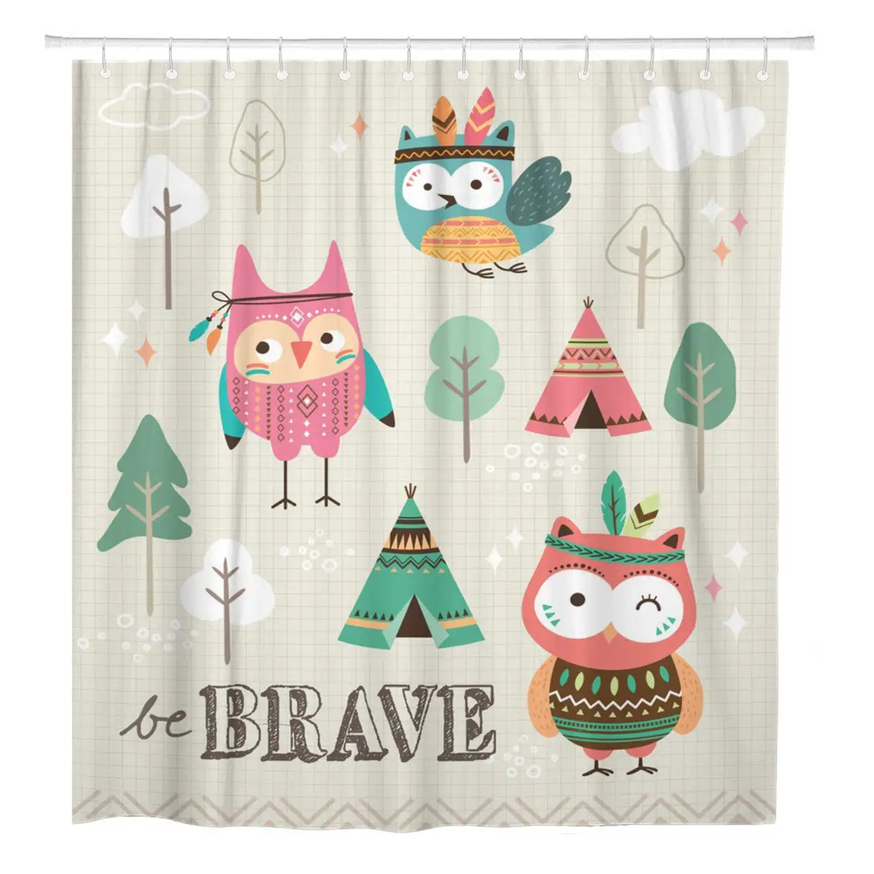 Pattern Be Brave Quote Cute Tribal Owls Woodland Jungle Shower Curtain Waterproof 72 x 72 Inches Set with Hooks