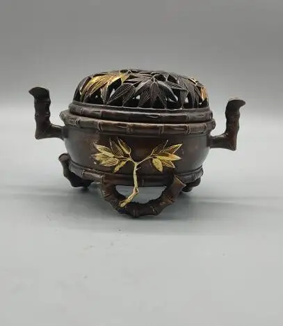 Bronze Cooper China Handled Tripod Incense Burner Statue Bamboo Gilding