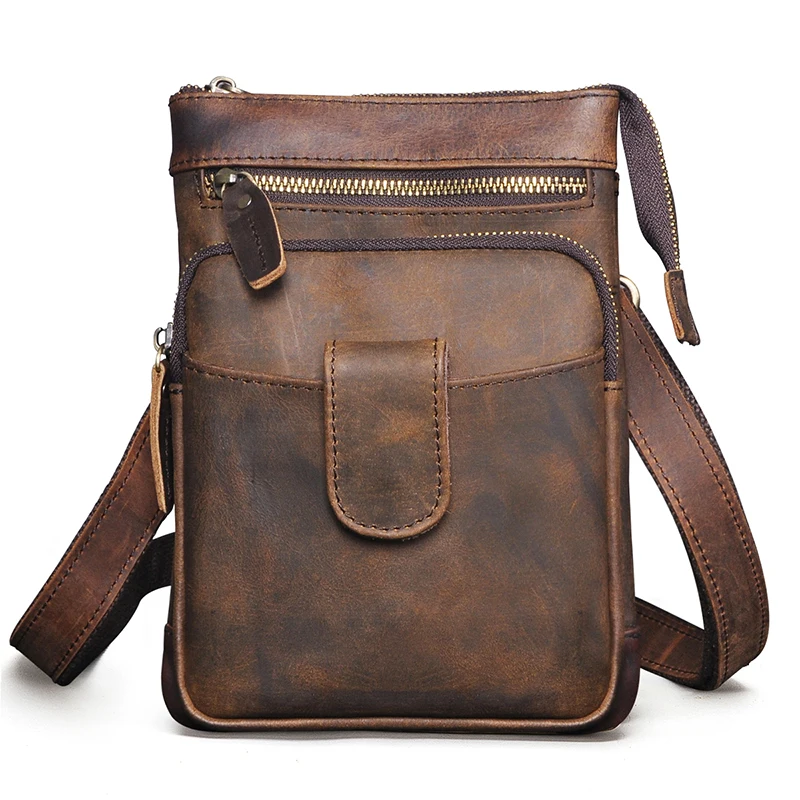 Crazy Horse Leather men Retro Mochila Crossbody Messenger Bag Designer Male Fanny Waist Belt Pack Cigarette Tablet Pouch 6549