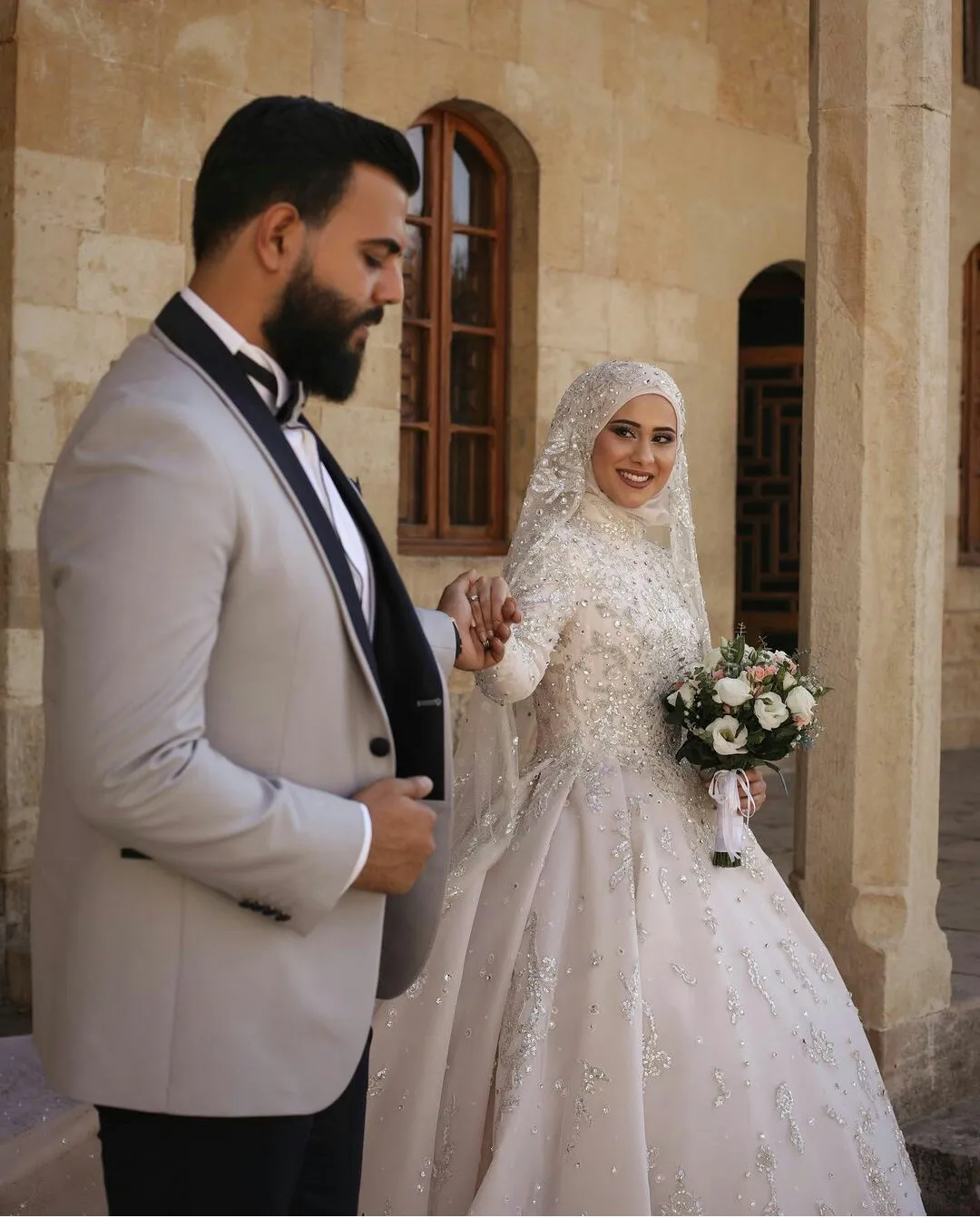 Robe de mariée de ligne A, en dentelle, paillettes, manches longues, rétro, avec Hijab