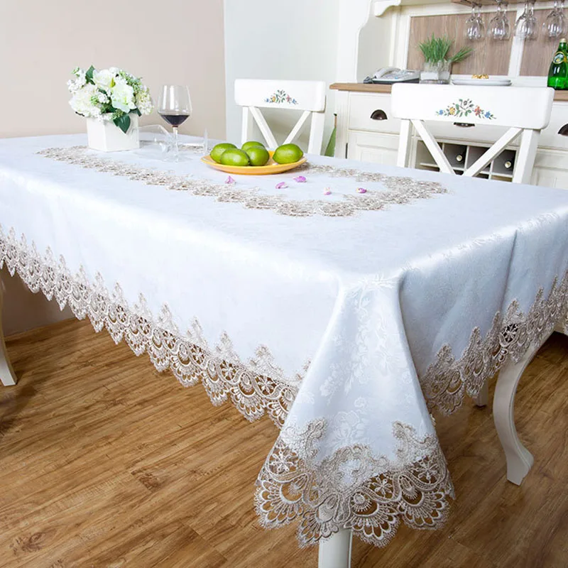 EMDKONI Feather Shape Grey border Lace Satin jacquard tablecloth Wedding tablecloth White banquet tablecloth