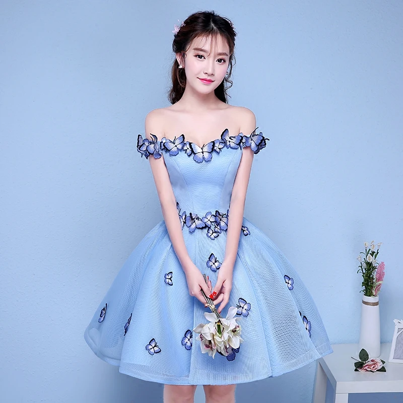 Robe de soiree Light blue Sexy Off the Shoulder Butterfly Pleated Ball Gown Evening Dresses vestido de festa Formal Prom Dresses