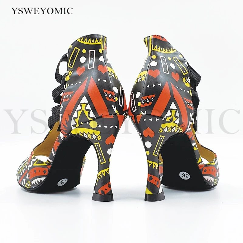 2020 New Salsa Dance Shoes Women African Print Leather Comfortable Heel Customized Suede Outsole Girls Bachata Latin Dance Shoes