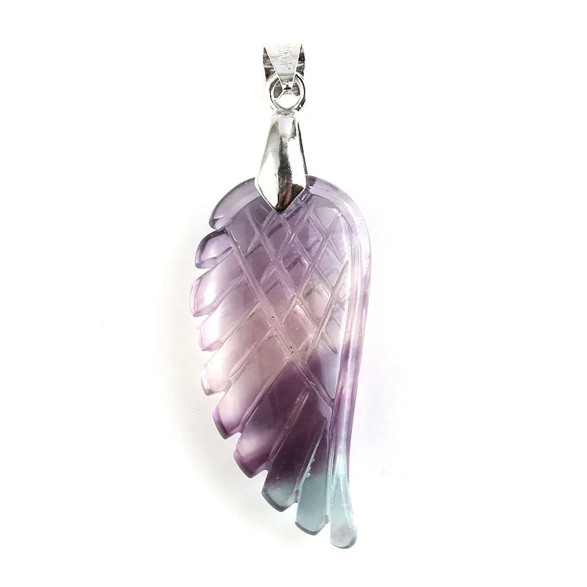 KFT Silver Plated Vintage Natural Fluorite Stone Freedom Angel Wing Pendant 35mm Fashion Women Men Jewelry
