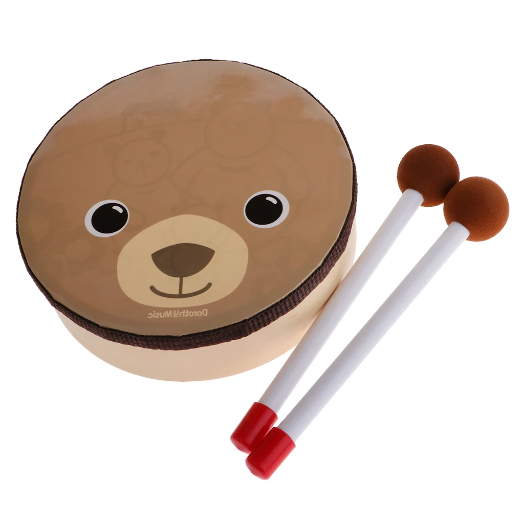 Tambor con patrón de oso de dibujos animados para niños, instrumento de percusión con palos de tambor, correa, Juguete Musical