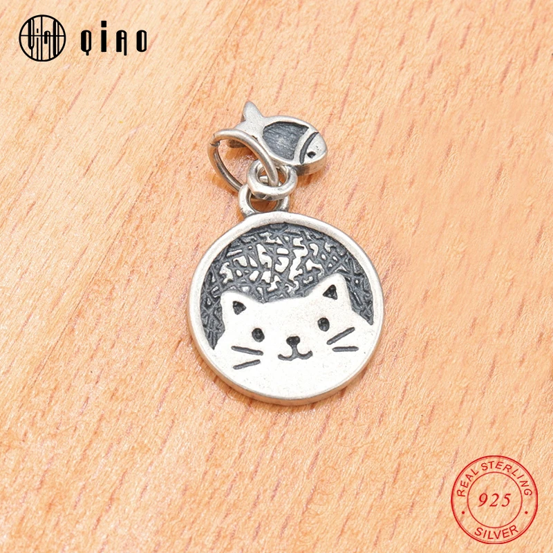 One piece 14.8*12.3*1.3mm 925 sterling silver handmade charms cat & fish Pendant silver charm animal pendant For Jewelry making