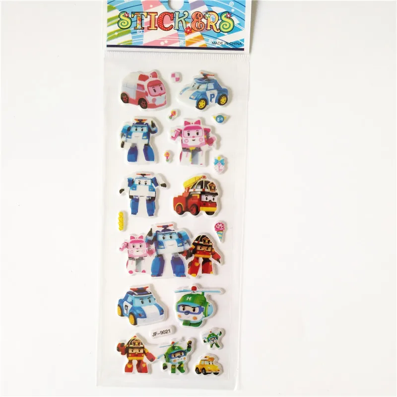 6 Sheets Korean Anime Cute Robot Poli Car Stickers for Transformation Toys Kids Toy Christmas Gifs Police Bubble Sticker