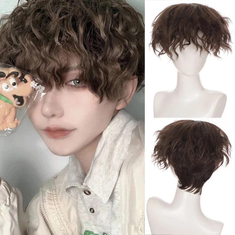 Ailiade-peruca marrom encaracolada com Franja para homens e mulheres, cabelo sintético, fantasia de anime e Halloween, cabelo falso, moda masculina