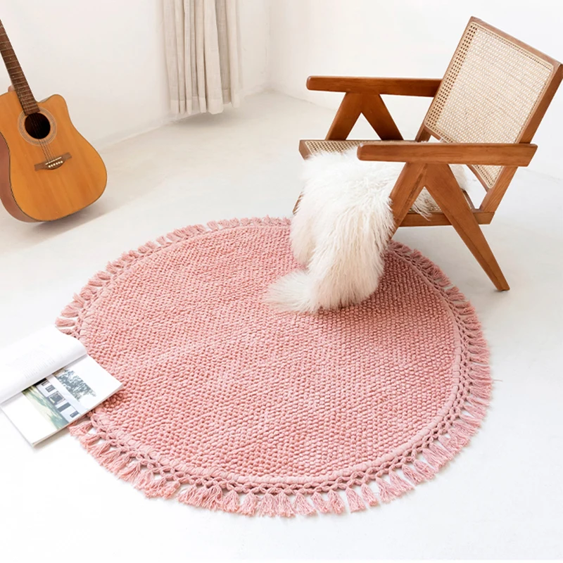 Nordic Pink Carpet With Tassel Kid Play Round Mat Baby Crawling Rug Sofa Coffee Table Floor Carpet for Living Room Bedroom Decor