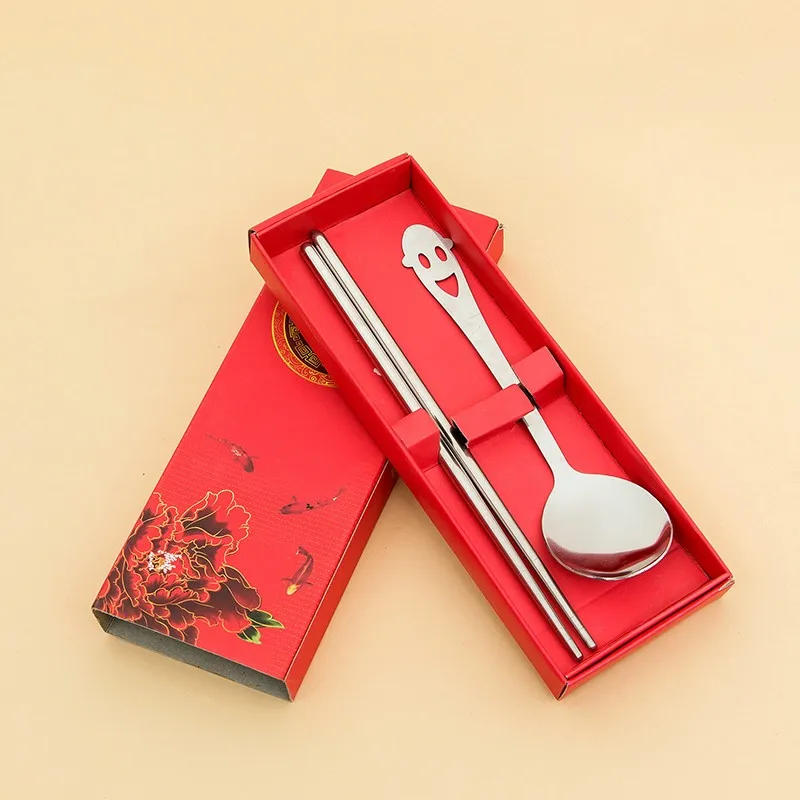 Stainless Steel Cartoon Smiling Face Spoon and Chopsticks with Gift Box, Dining Tableware, Kitchen and Dining, 10 set/lot