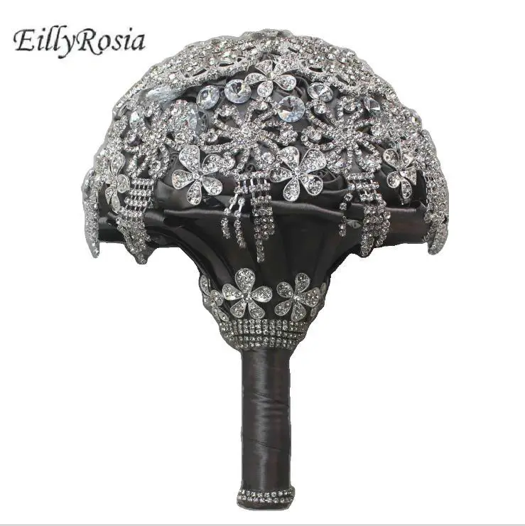 Eillyrosia strass borla nupcial bouquet cinza cetim prata cristais jóias casamento buquê noiva flores fita de seda luxo