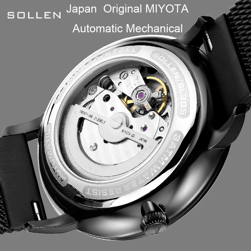 Switzerland Luxury Brand SOLLEN Japan MIYOTA Automatic Mechanical Men‘s Watches Sapphire Waterproof Luminous Steel Watch SL312