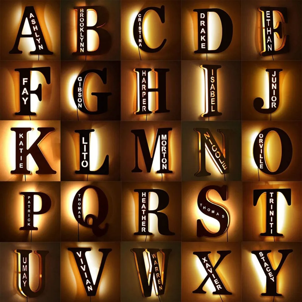 Personalized LED Wall Lamp 26 A-Z Letters Alphabet With Custom Name Wood Nightlights for Children Kids Baby Bedroom Home Decor