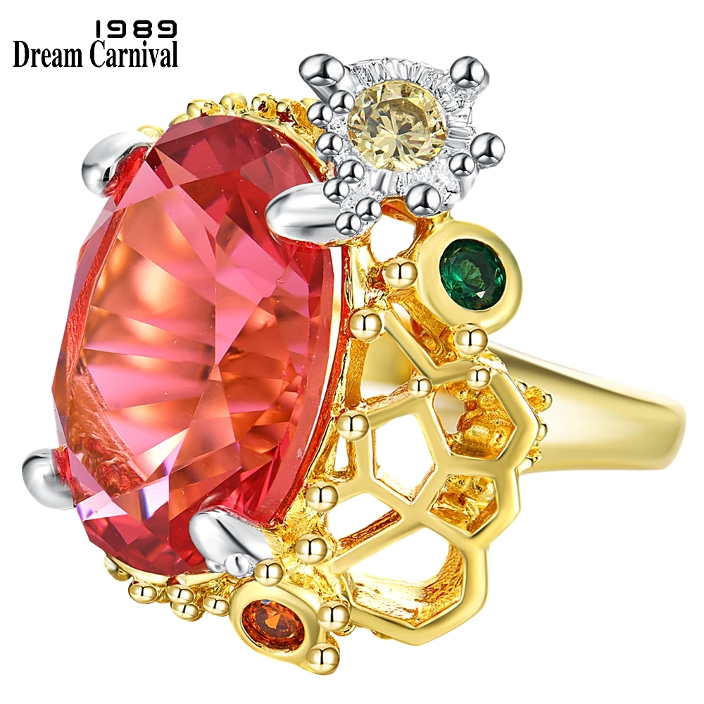 DreamCarnival 1989 Two Tones Zircon Rings for Women Big Radian Cut Fuchsia CZ Wedding Anniversary Hot Fashion Jewelry WA11689FU