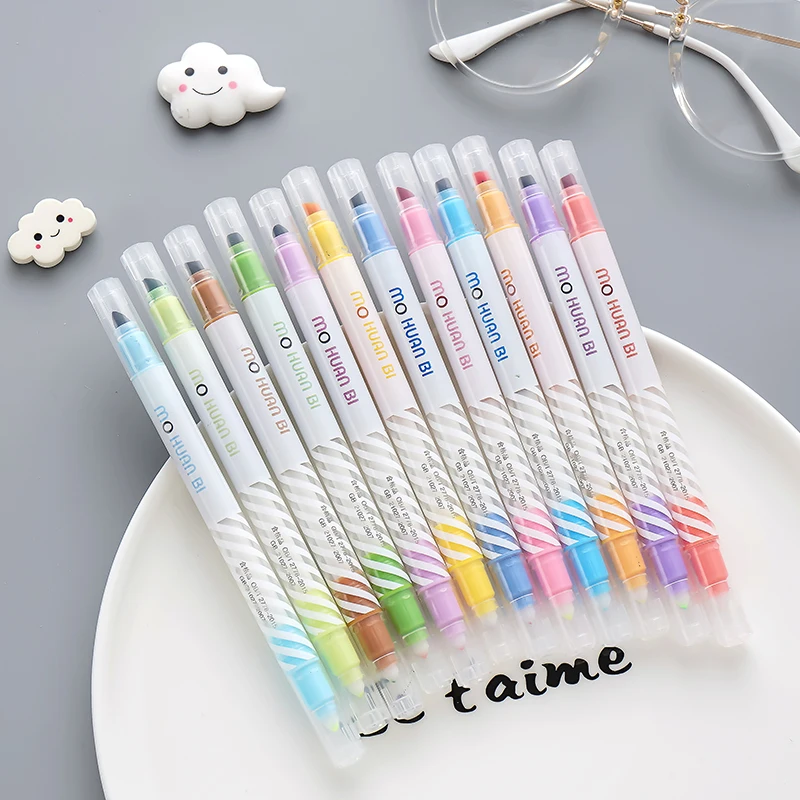 12pcs Magic color highlighter pen set Dual-side fluorescent erasable marker Liner drawing art pen Stationery Office School