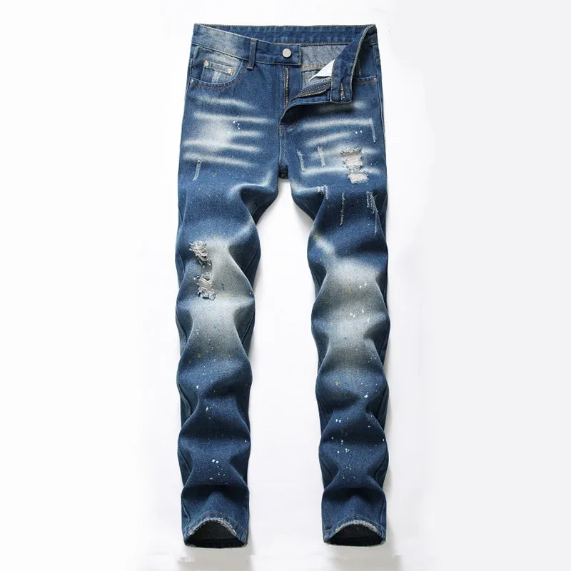 

EL BARCO Fashion Ripped Holes Dot Cotton Men Jeans Autumn Hip Hop Scratches Blue Denim Pants Soft Slim Streetwear Male Trousers