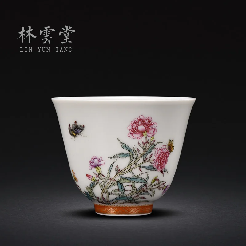 Lin Yuntang hand-painted peony butterfly pastel master cup single cup jingdezhen ceramics by hand kung fu tea cups