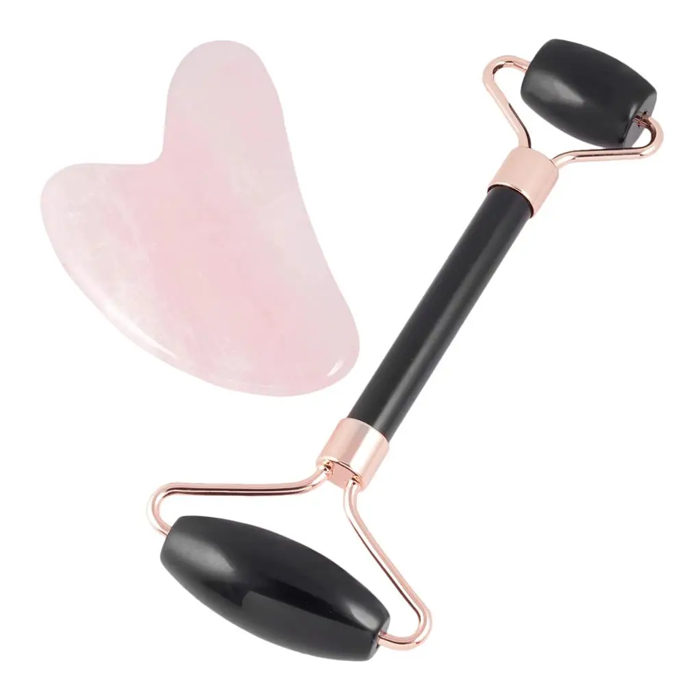 TUMBEELLUWA Natural Crystal Stone Roller & Rose Quartz Gua Sha Scraping Massage Tool Set,Face Massager for Wrinkles,Anti Aging