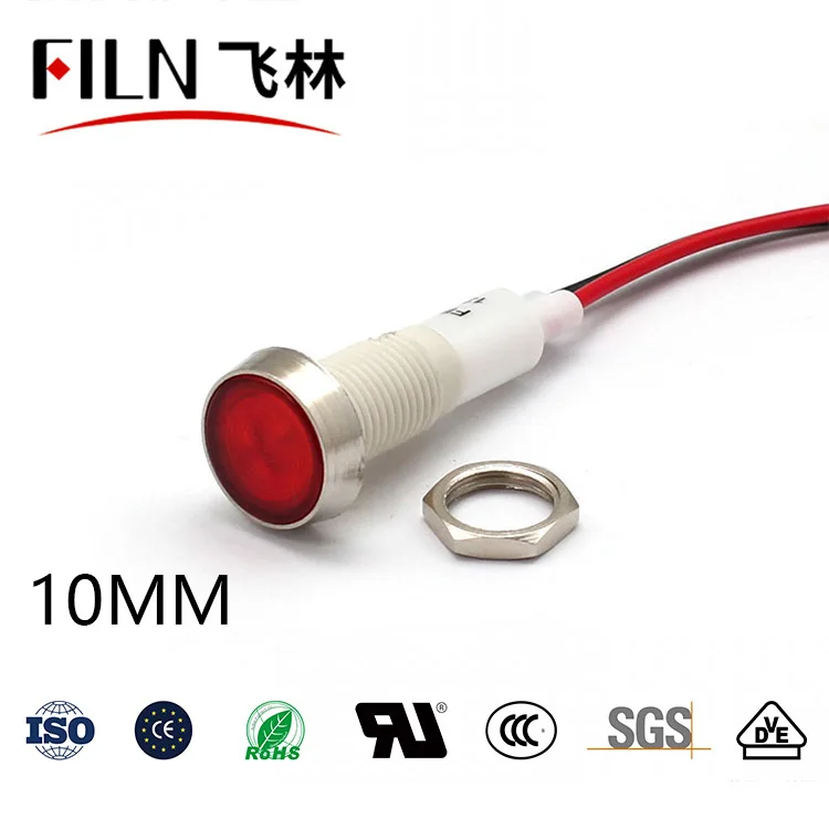 FILN 10 millimetri 12v 24v 220v 110v rosso segnale indicatore della lampada della luce con Vari di Lunghezza per acqua di caldaia