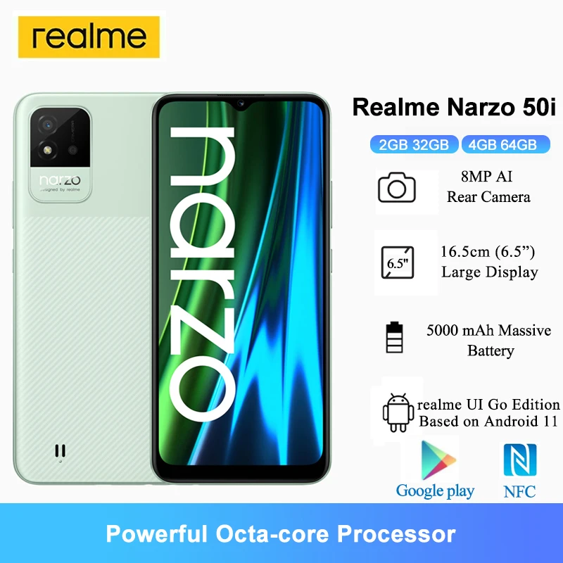 الهواتف الذكية Realme Narzo 50i الإصدار العالمي NFC 6.5 بوصة HD + 5000 مللي أمبير معالج ثماني النواة 8 ميجابكسل AI كاميرا الهواتف المحمولة 4 جيجابايت رام 64 جيجابايت Rom