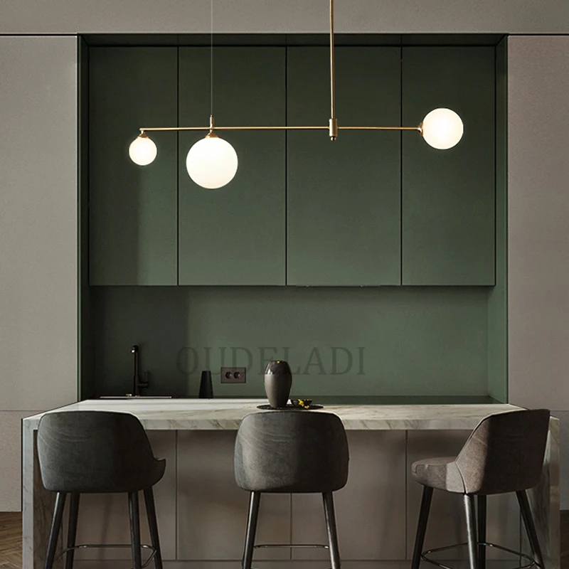 Nordic Copper lighting fixtures Modern Glass Ball Long Chandelier Dining Room Bedroom Kitchen Island LED Hanging Lamp