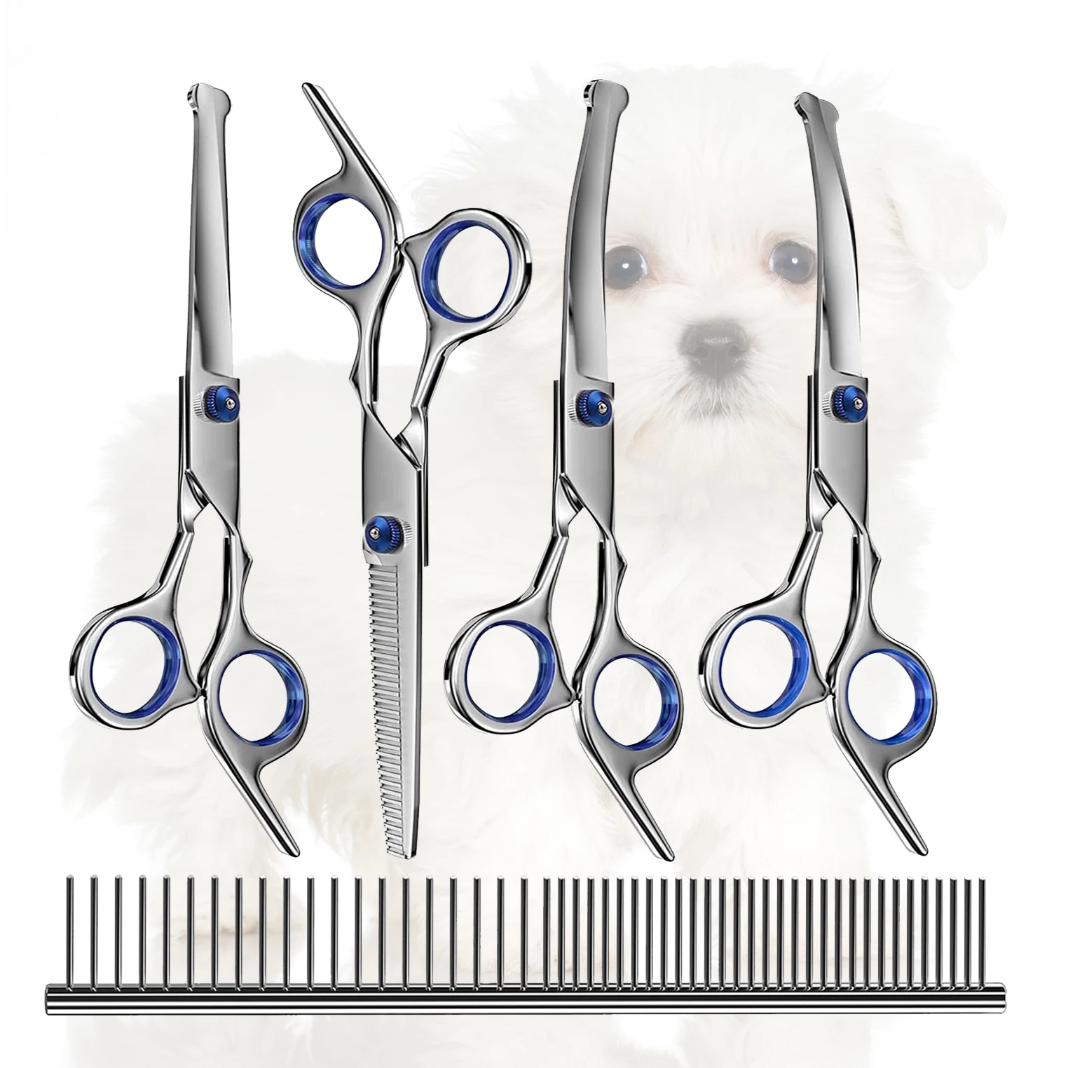 Professional Dog Grooming Scissors Kit with Safety Round Tips 5 in 1 Set Sharp and Durable Pet Grooming Shears for Dogs and Cat