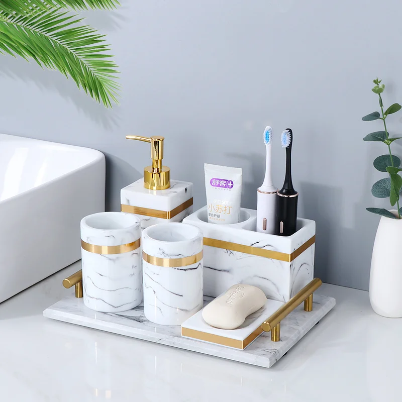 Resin Bathroom Set Liquid Soap Dispenser/Dish Toothbrush Holder Gargle Cup Tray Cotton Swab/Tissue Box Sell Separately Nordic