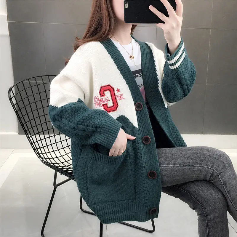 2023 New Women's Autumn And Winter Korean Loose Knitted Cardigan Versatile Casual Fashion Long-sleeved Color-block Sweater Top