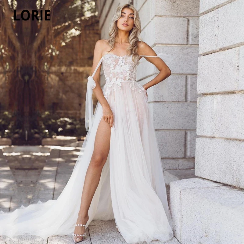 LORIE Bohemian Wedding Dresses Appliques Spaghetti Strap Long White Ivory Beach Wedding Bridal Gown 2021 suknia slubna